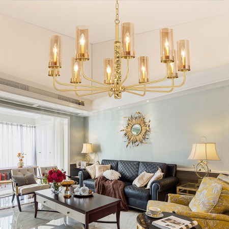 10 Light Brass Chandelier with Glass Shade