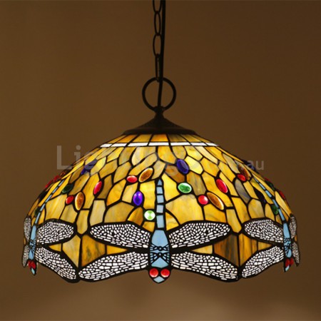 16 Inch European Stained Glass Dragonfly Style Pendant Light