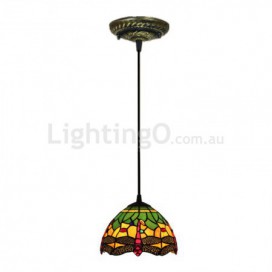 8 Inch European Stained Glass Dragonfly Style Pendant Light