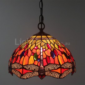 12 Inch European Stained Glass Dragonfly Style Pendant Light