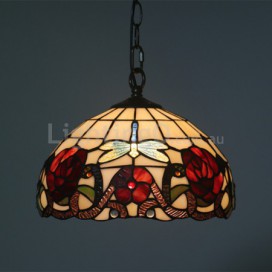 12 Inch European Stained Glass Dragonfly Style Pendant Light