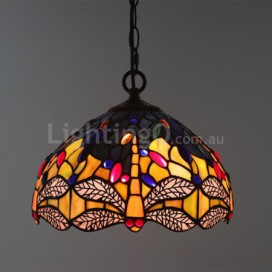 12 Inch European Stained Glass Dragonfly Style Pendant Light