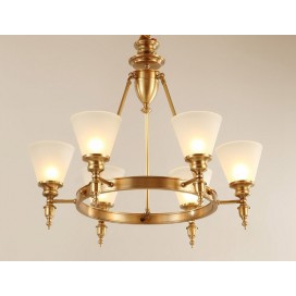 Round Fine Brass 6 Light Chandelier with Glass Shades