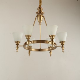 Round Fine Brass 6 Light Chandelier with Glass Shades