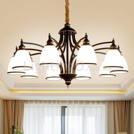 Fine Brass 10 Light Black Chandelier with Glass Shades