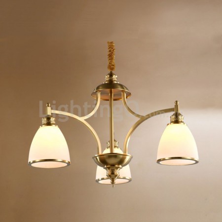 Fine Brass 3 Light Chandelier with Glass Shades