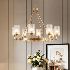 Fine Brass 8 Light Chandelier with Glass Shades