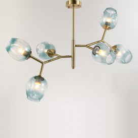 Fine Brass 6 Light Chandelier with Blue Glass Shades