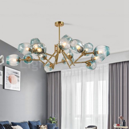 Fine Brass 15 Light Chandelier with Blue Glass Shades