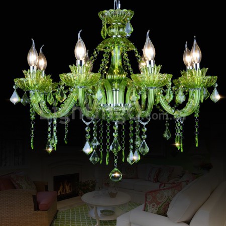 8 Light Dark Green Candle Style Crystal Chandelier