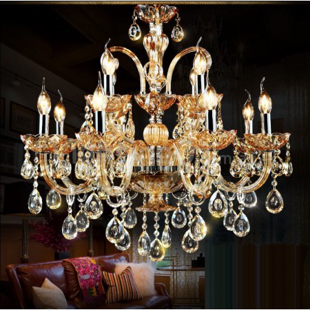 12 Light (8+4) 2 Tiers Amber Candle Style Crystal Chandelier