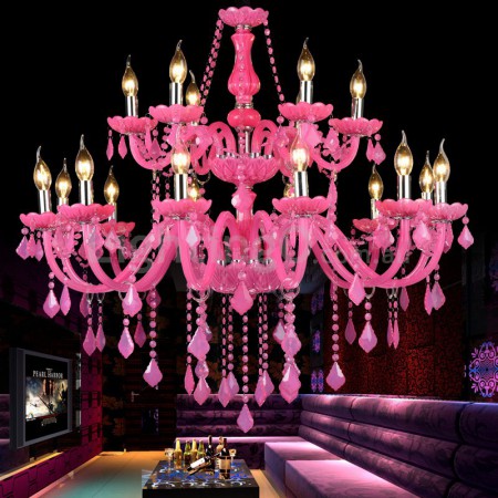 18 Light (12+6) 2 Tiers Pink Candle Style Crystal Chandelier