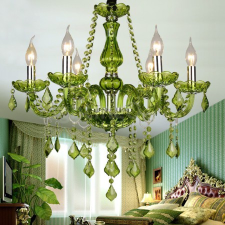 6 Light Green Candle Style Crystal Chandelier