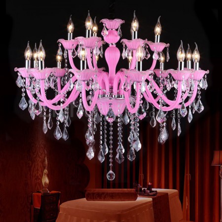 18 Light (12+6) 2 Tiers Pink Kids Room Candle Style Crystal Chandelier