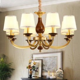 8 Light Retro Rustic Luxury Brass Chandelier with Fabric Shade