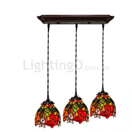 7 Inch 3 Light Rose Stained Glass Pendant Light