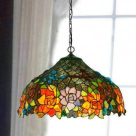 17 Inch Butterfly Rose Stained Glass Pendant Light