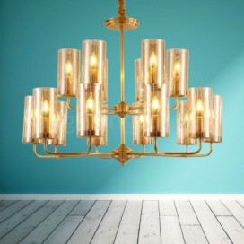 16 Light Retro Rustic Luxury Brass Chandelier with Glass Shade