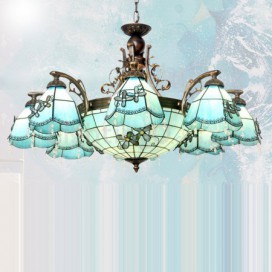 Mediterranean Style 8+1 Light Stained Glass Pendant Light