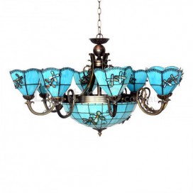 Mediterranean Style 8+1 Light Stained Glass Pendant Light