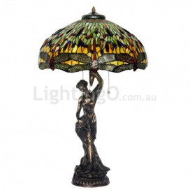 20 Inch Retro Dragonfly Brass Stained Glass Table Lamp