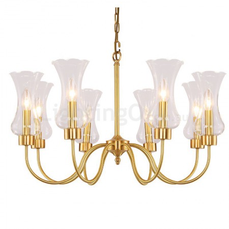 8 Light Retro Rustic Luxury Brass Chandelier with Glass Shade