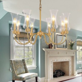 8 Light Retro Rustic Luxury Brass Chandelier with Glass Shade