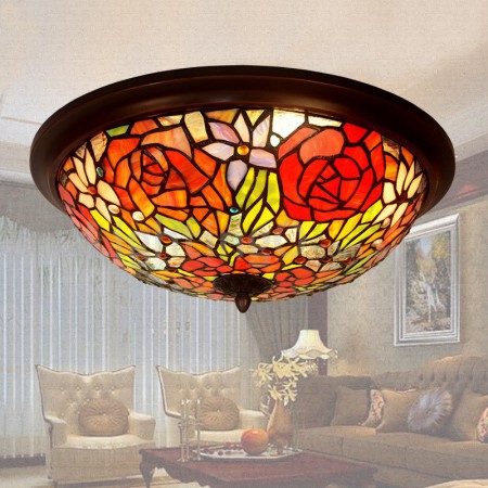 16 Inch Retro Rose Stained Glass Flush Mount