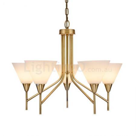 5 Light Retro Rustic Luxury Brass Chandelier with Glass Shade