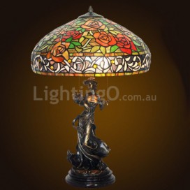 Rural Red Rose Stained Glass Table Lamp