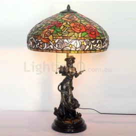 Rural Red Rose Stained Glass Table Lamp