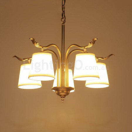 5 Light Retro Rustic Luxury Brass Chandelier with Fabric Shade