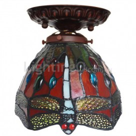 7 Inch Retro Dragonfly Stained Glass Flush Mount