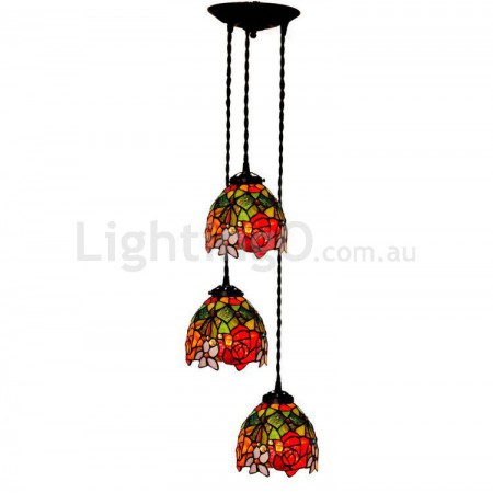 3 Light Rustic Rose Stained Glass Pendant Light