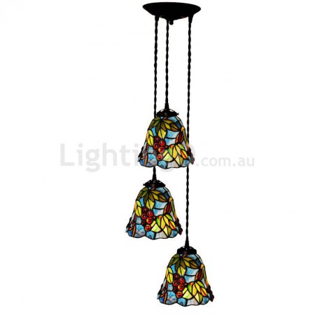 Rustic 3 Light Grape Stained Glass Pendant Light