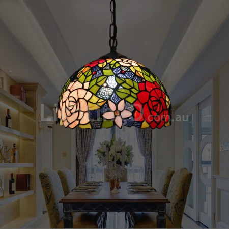 12 Inch European Stained Glass Rose Style Pendant Light