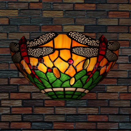 11 Inch European Retro Stained Glass Dragonfly Style Wall Light